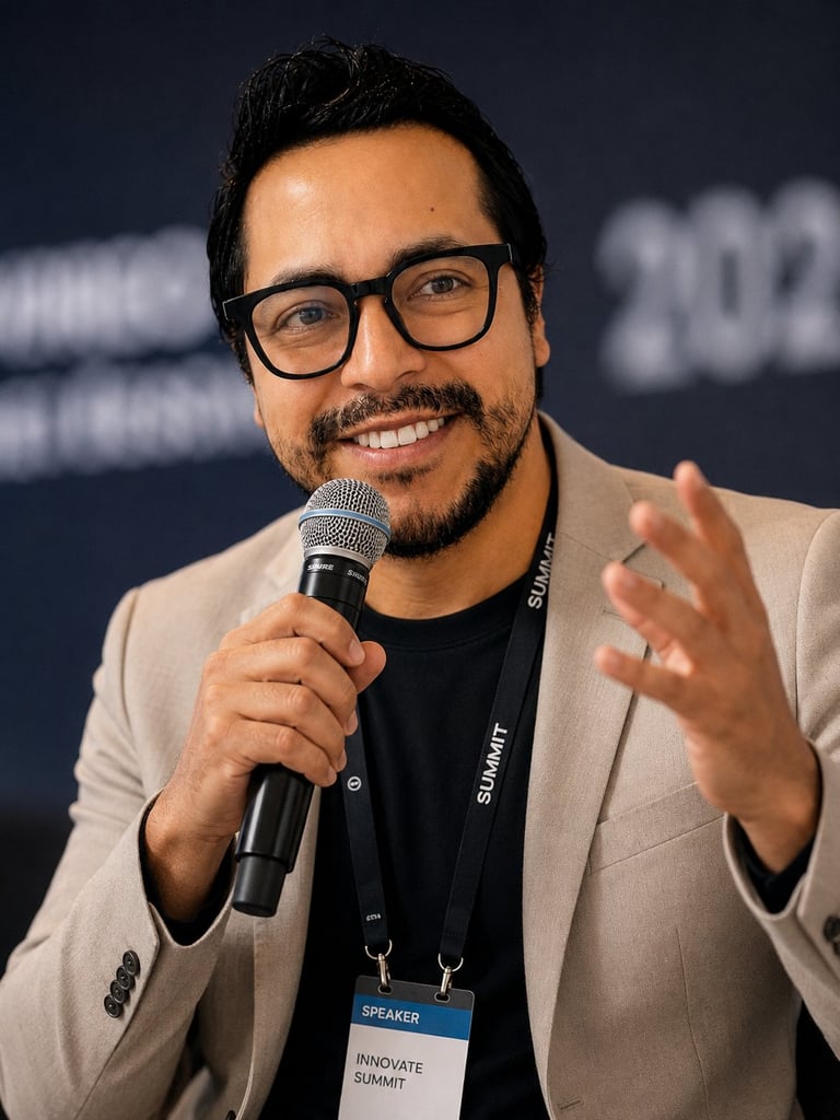 Man with glasses speaking into microphone at conference, wearing beige blazer and speaker badge